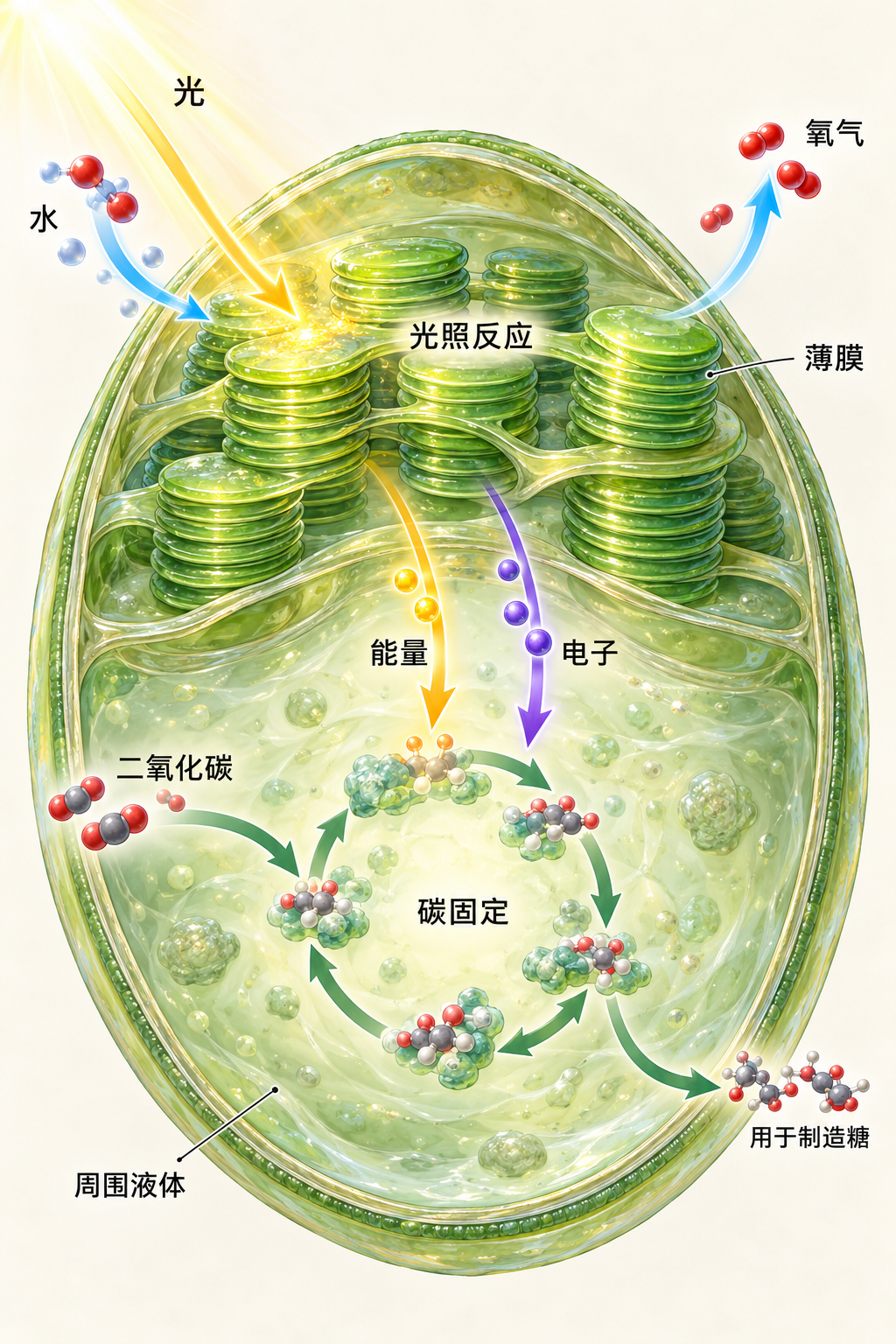 叶绿体剖面、绿色薄膜叠片与碳固定反应路径示意